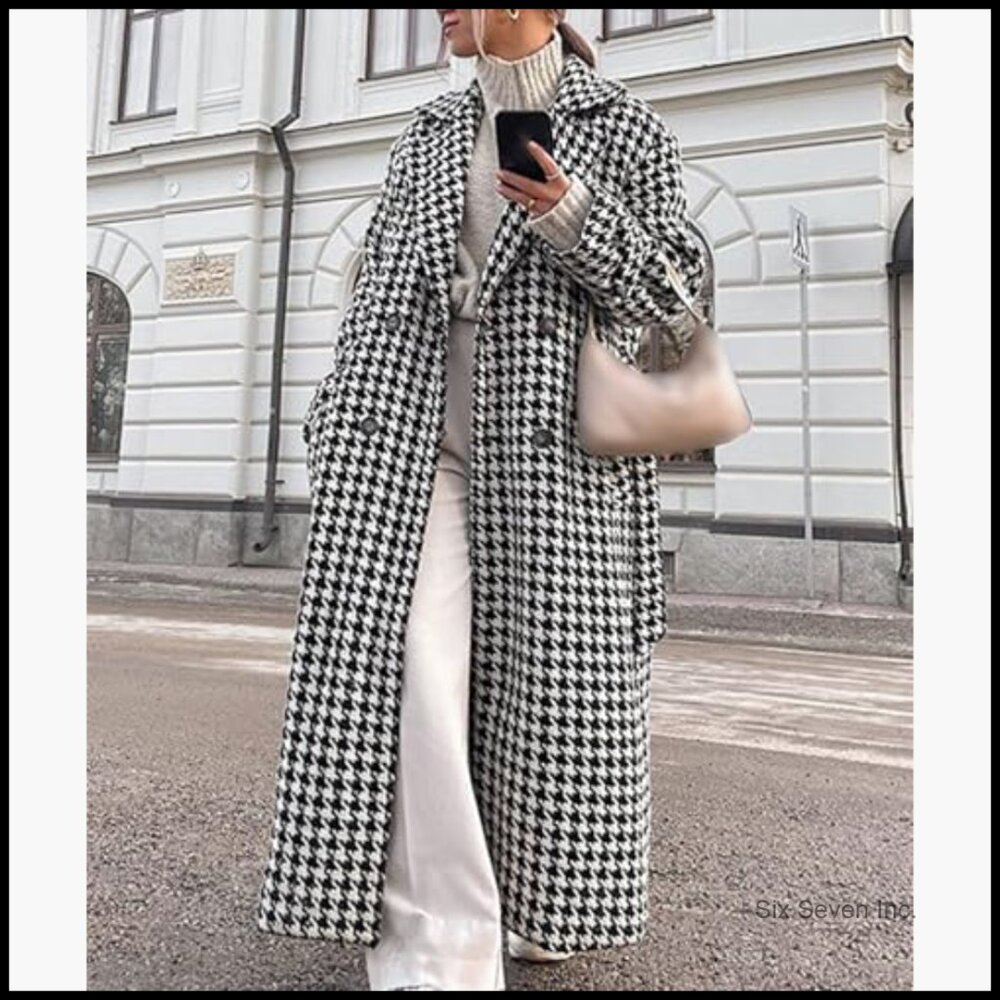 Houndstooth Wool Blend Double Breasted Trench Coa… - image 5